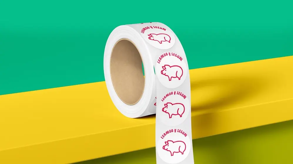 Roll of round Cochitaco stickers with a pink pig outline and the words Cerrado y seguro, on a yellow shelf