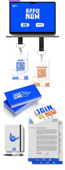 Juveline identity applied to a website, QR lanyard badges, business cards, a notebook and letterhead