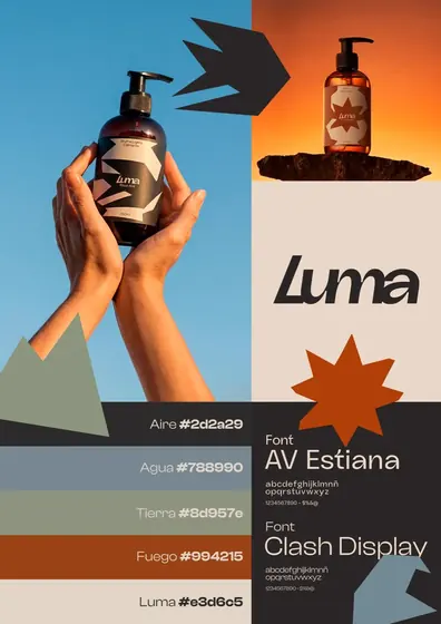 Luma brand board with logo, bottles, an Aire, Agua, Tierra and Fuego palette, and AV Estiana and Clash Display fonts