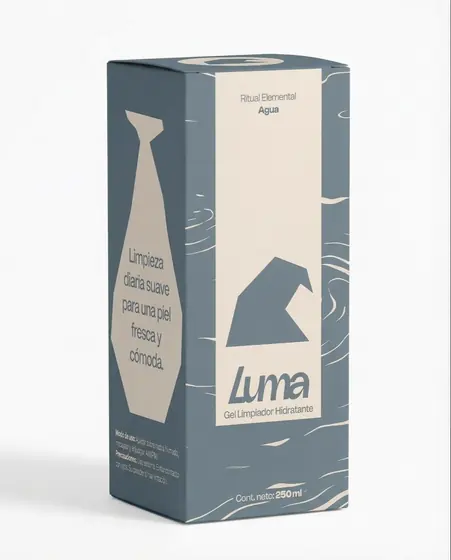 Luma box for the Agua elemental ritual, a hydrating gel cleanser, in slate blue with a water ripple pattern