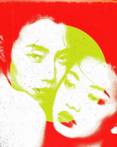 Mix, halftone double portrait in red and lime green, with two faces together over a green circle