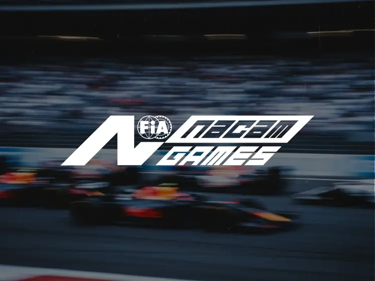 Redesigned NACAM Games logo in white over a blurred photo of race cars on a track, by CBAS