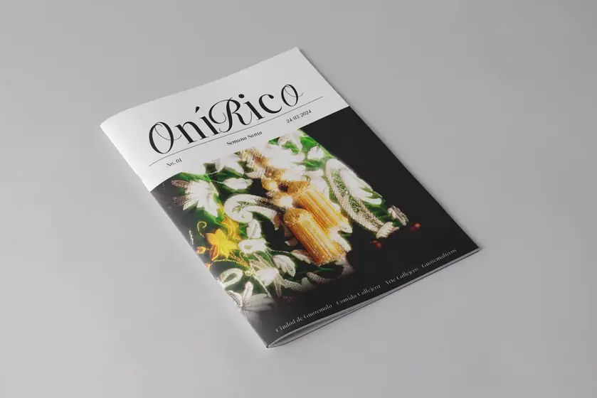 Cover of Onírico magazine No. 01, Holy Week 2024 issue, with gold embroidery and tassels on a green background