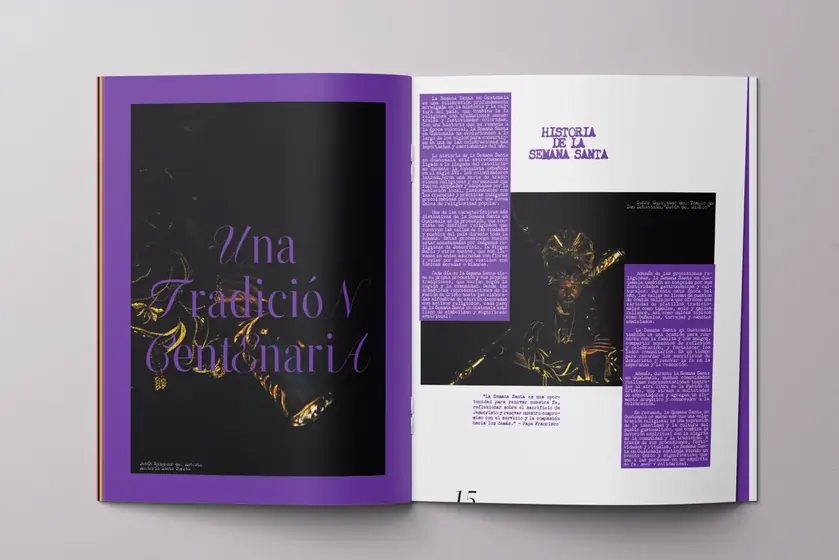 Onírico spread on Holy Week: the title Una tradición centenaria in purple over a dark photo, beside blocks of text