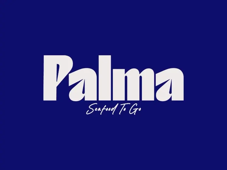 Palma logo with the Seafood To Go script in cream on a navy blue background