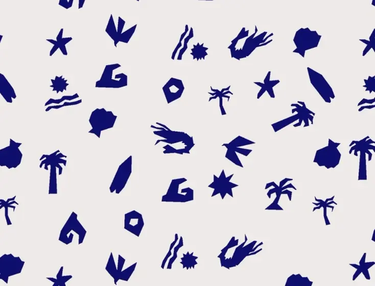 Palma pattern of cut-out blue illustrations with palm trees, shells, starfish and waves on a light background