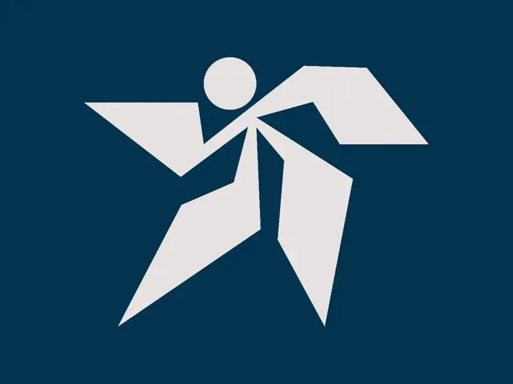 Realidad Rota by CBAS, pictogram of a human figure broken into white geometric shapes on navy blue