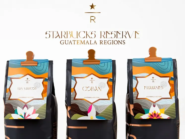 Starbucks Reserve Guatemala Regions packaging concept: three black coffee bags with illustrated labels, by CBAS
