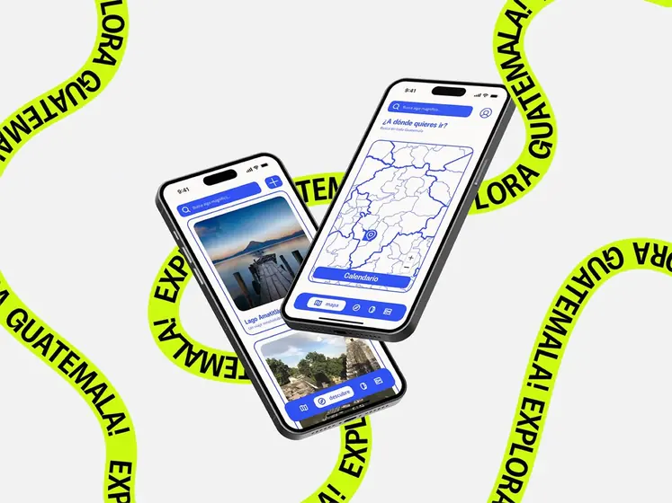 Two phones with the VOY! app: a destination list with a lake and ruins, and a Guatemala map, among lime green ribbons