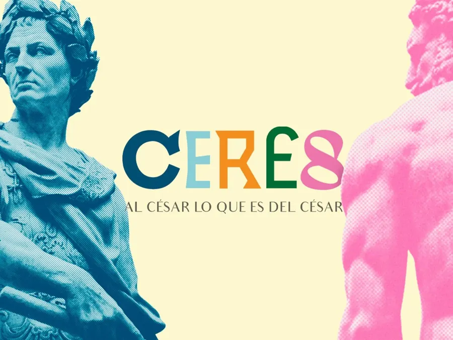 Ceres logo in multicolor letters between two classical statues in halftone on a cream background, by CBAS