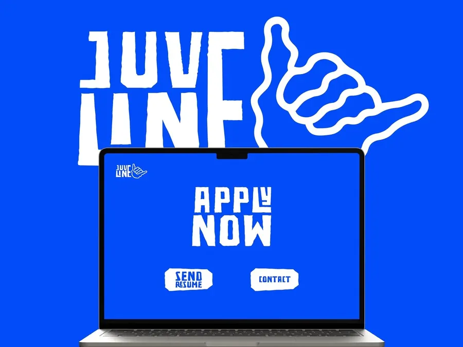 Juveline by CBAS, white logo with a shaka hand sign on blue and a laptop showing the Apply now landing page