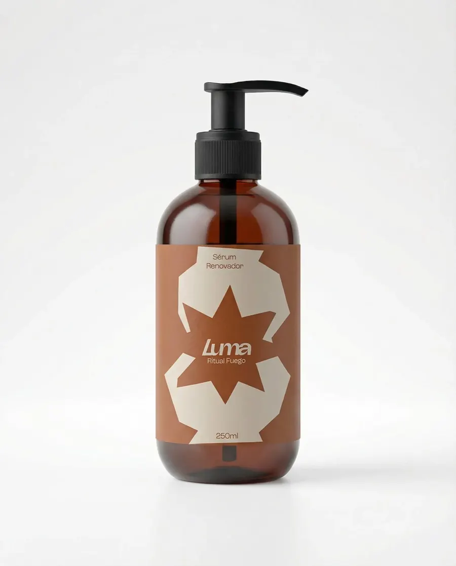 Luma Ritual Fuego serum in an amber glass bottle with a terracotta label of cream shapes and a black pump, by CBAS