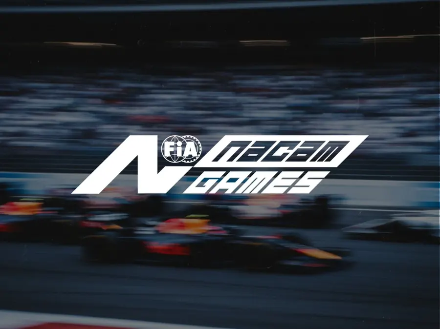 Redesigned NACAM Games logo in white over a blurred photo of race cars on a track, by CBAS