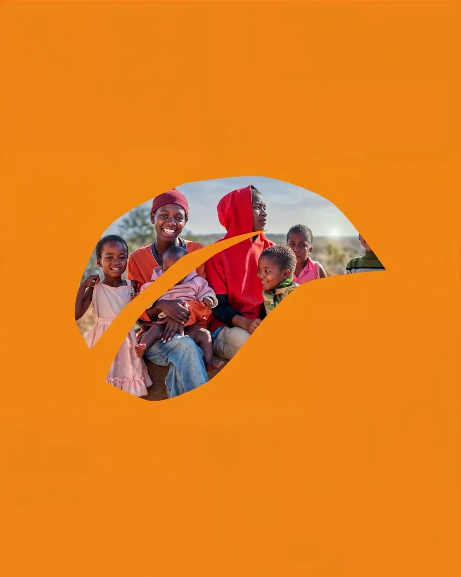 Children and young people smiling outdoors inside a leaf shape on an orange background, ONAY cover by CBAS