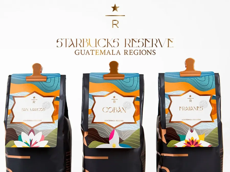 Starbucks Reserve Guatemala Regions packaging concept: three black coffee bags with illustrated labels, by CBAS