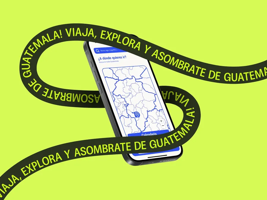 VOY! app to discover Guatemala: a phone with a map on lime green, wrapped in a ribbon with the brand slogan, by CBAS
